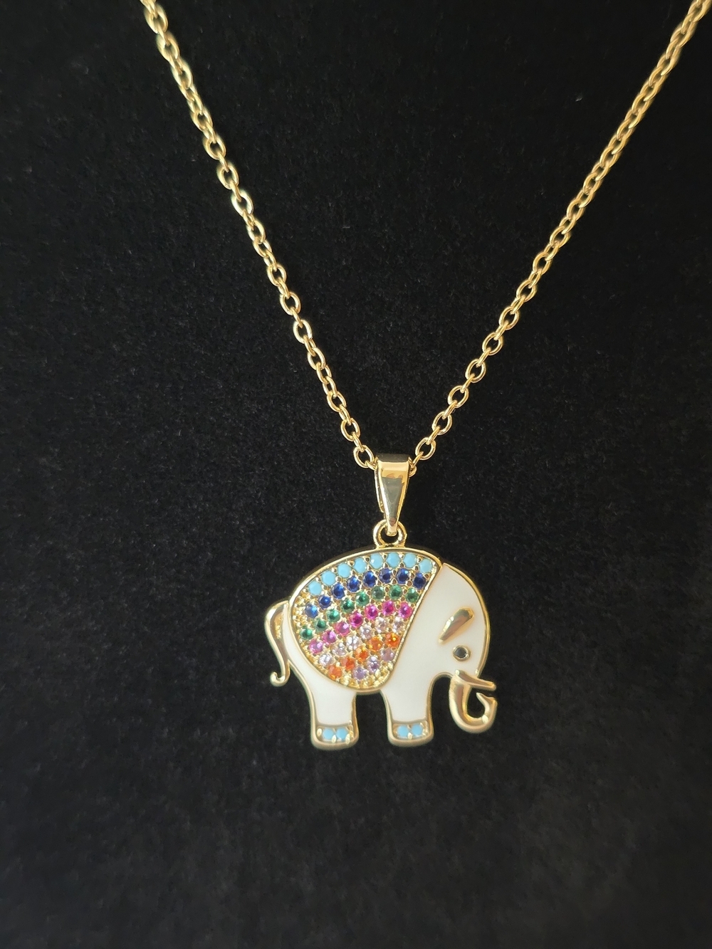 Stainless Steal Gold-Tone Elephant Pendant Necklace with Multicolor Crystals